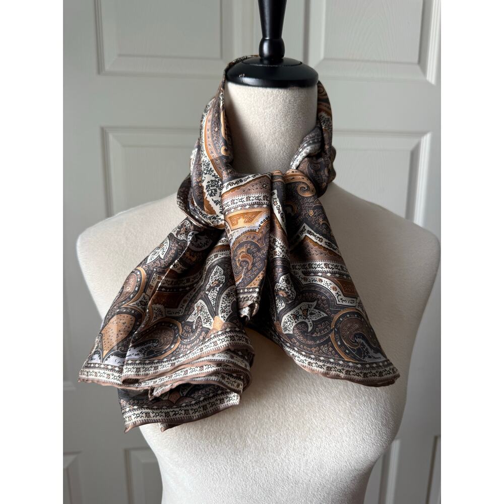 Paisley Silk Scarf Hand Rolled Earth Tones Neutral 34” Square Academia Luxury
